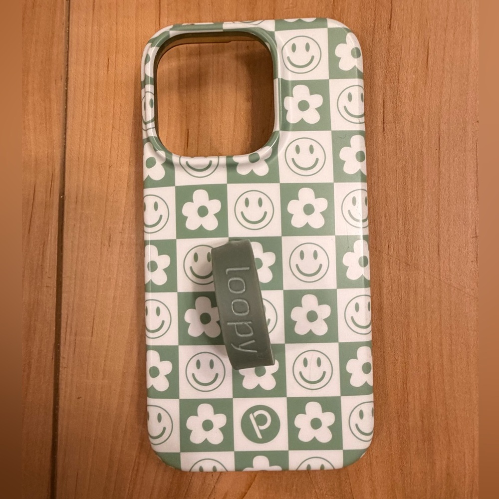 Loopy Case Green and White Checkerboard Floral & Smile Grip iPhone 14 Pro Case